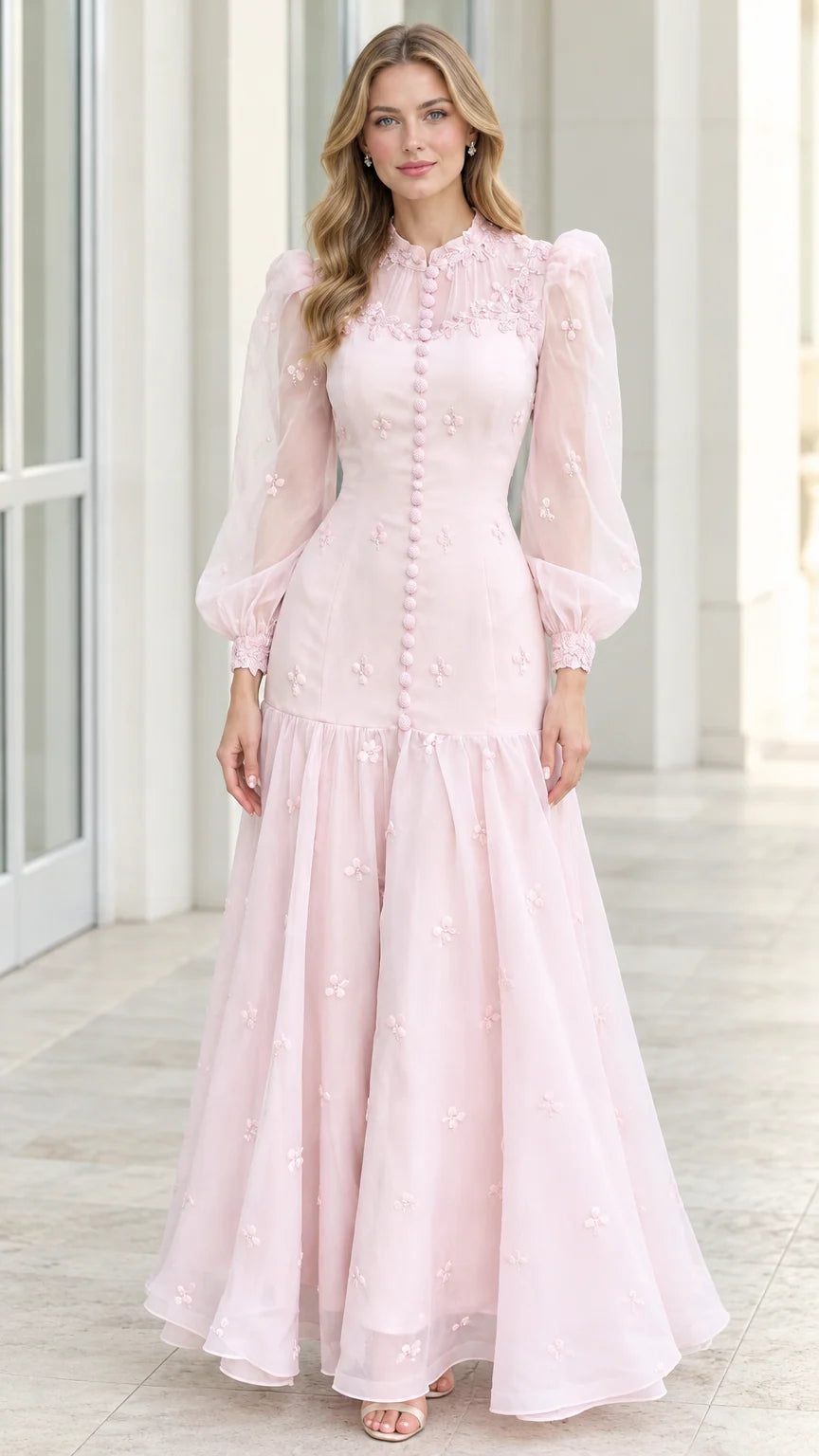Front full-length view of woman wearing blush pink high neck sheer long sleeve floral embroidered maxi gown