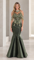 Olive green halter mermaid evening gown with beaded fringe cold shoulder