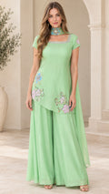 Front view of model wearing Mint Green embroidered asymmetrical tunic and wide leg palazzo pants set