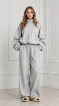 Women's heather grey two-piece zip sweatshirt and wide leg pants loungewear set front view