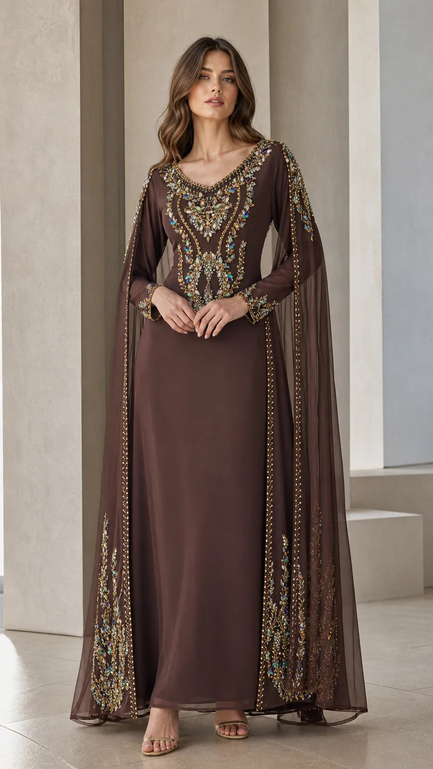 Front view of woman wearing brown embellished cape sleeve evening maxi dress