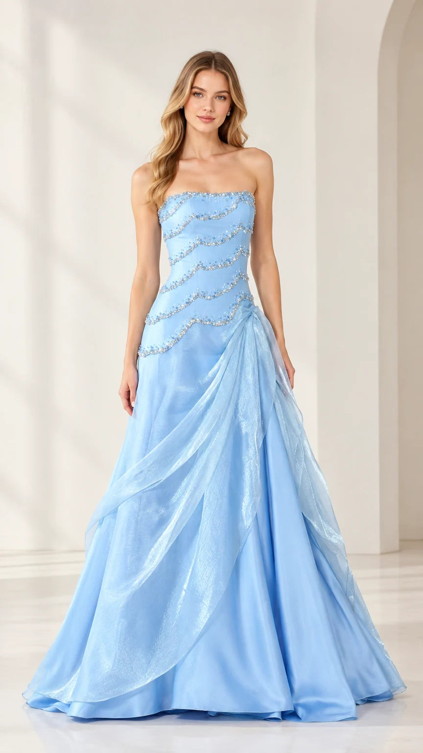 Full front view of strapless beaded sky blue A-line evening gown