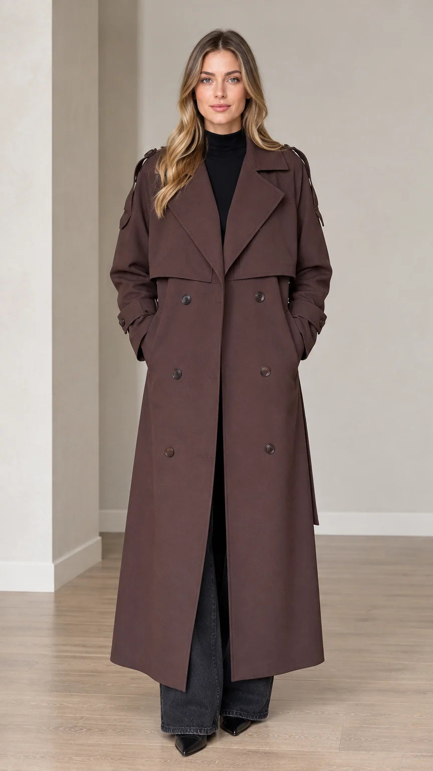 Front view of woman wearing brown double-breasted long trench coat with belt