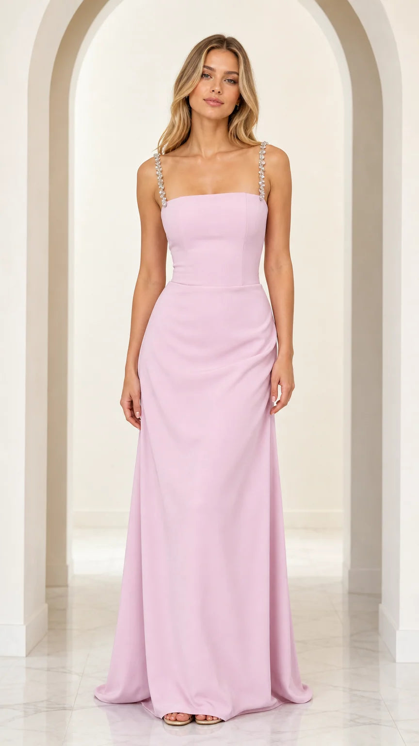 Front full view of lavender square neck maxi gown with rhinestone straps
