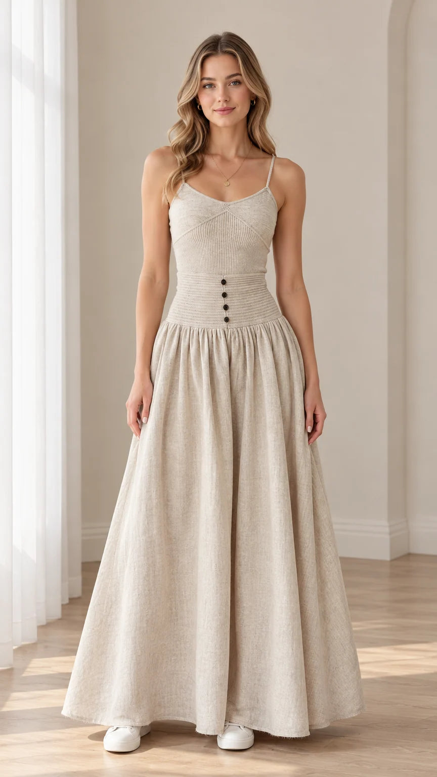 Women's oatmeal ribbed knit drop waist cami maxi dress front view
