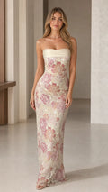 Strapless cream and pink floral embroidered maxi evening gown front view
