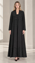 Front full-length view of woman wearing Black sequined embroidered maxi evening dress set