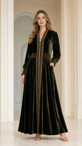 Full front view of model wearing Dark Green velvet embroidered maxi kaftan dress