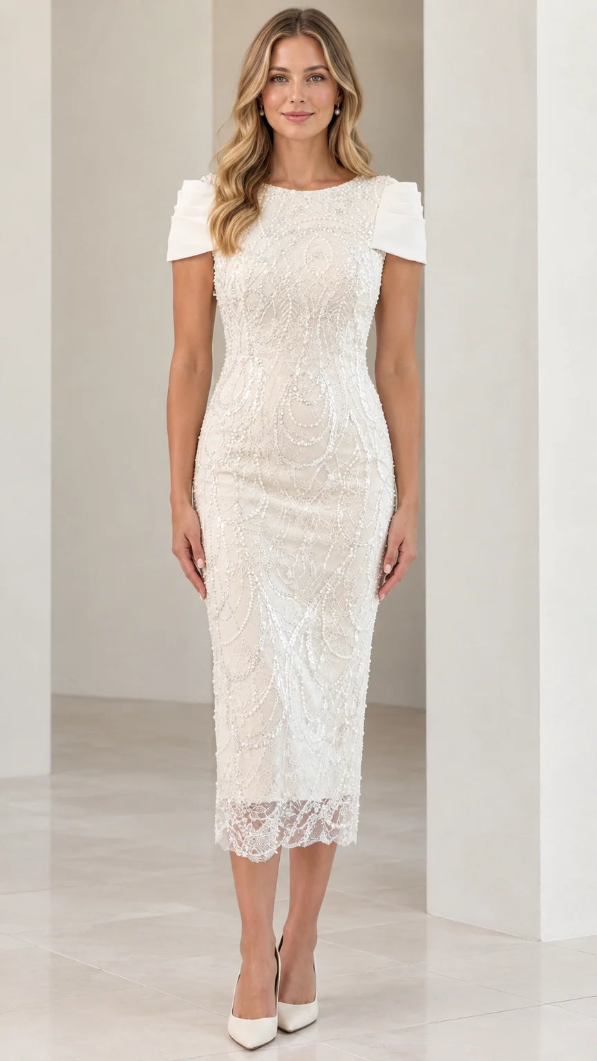 Full-length front view of woman wearing Ivory beaded sequin midi sheath dress with satin cap sleeves