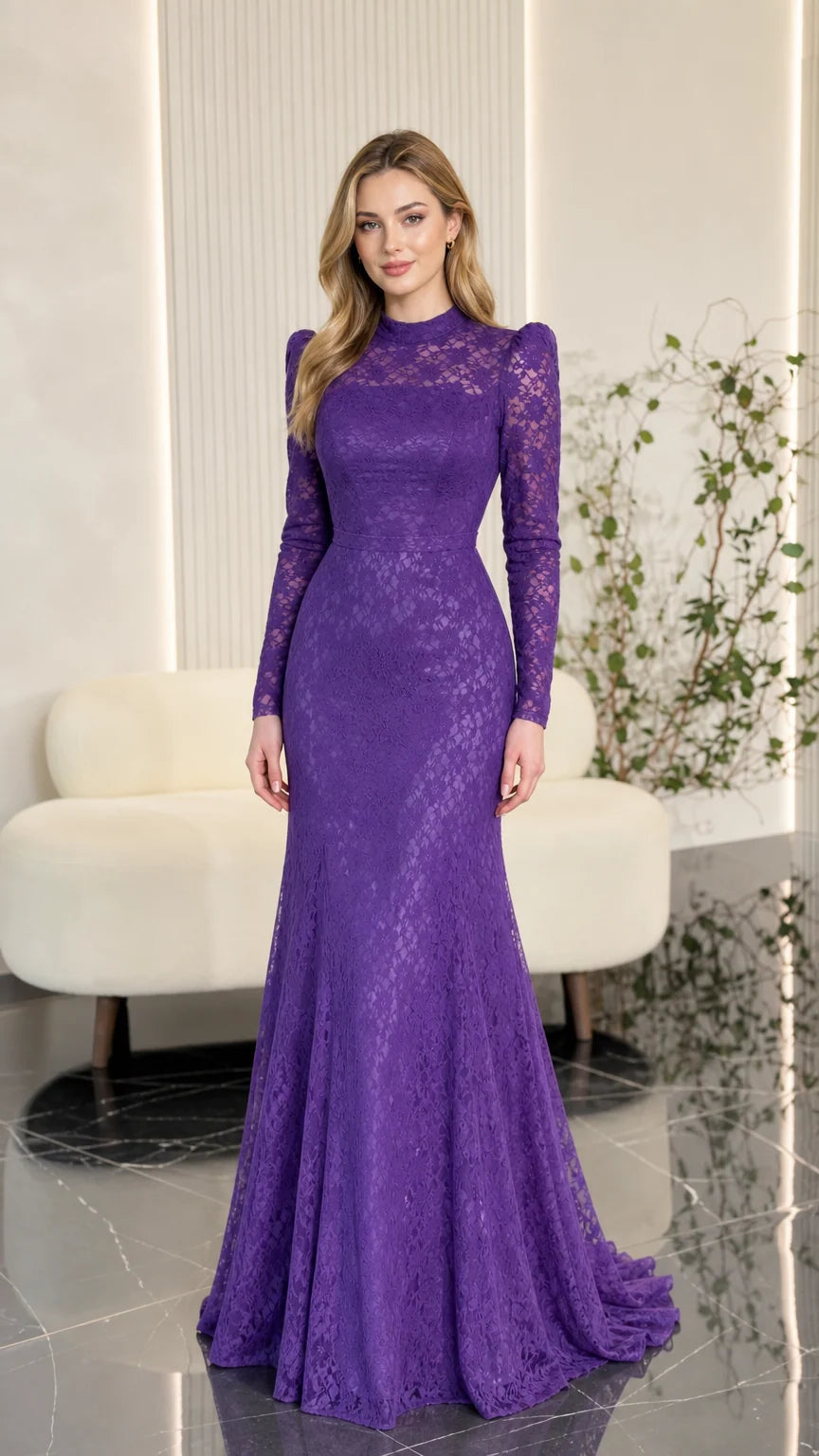 Front full view of woman wearing purple mock neck long sleeve lace evening gown