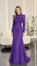 Front full view of woman wearing purple mock neck long sleeve lace evening gown