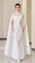 White floral lace corset maxi dress with matching sheer lace cape overlay, front view