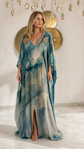 Teal Blue embellished tie-dye kaftan maxi dress front view