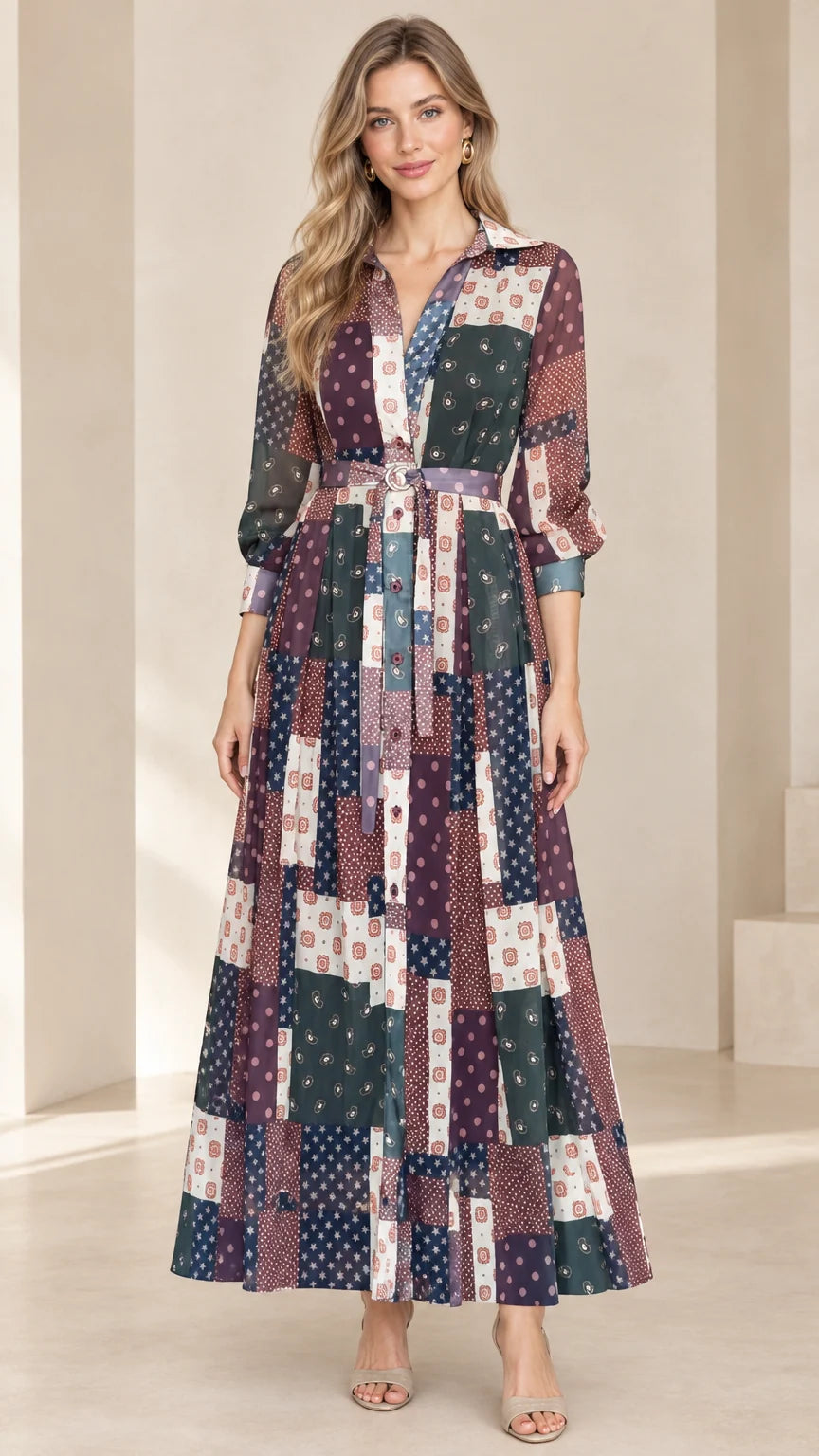 Full front view of model wearing Navy Multi patchwork long sleeve maxi shirt dress with belt