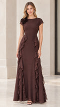 Front view of woman wearing chocolate brown floral appliqué ruffle evening gown