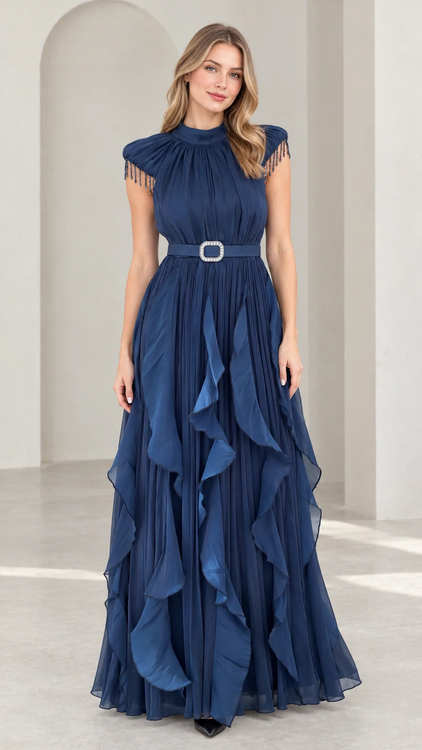 Navy Blue high neck pleated evening maxi gown with beaded fringe cap sleeves - front view