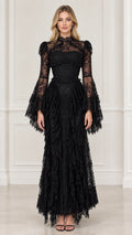 Front view of black lace Victorian corset maxi dress with flared bell sleeves