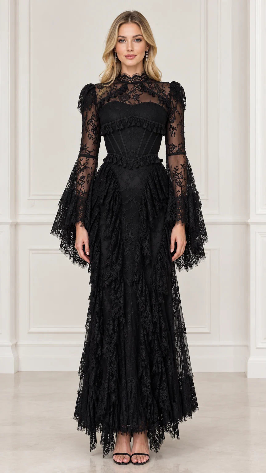 Front view of black lace Victorian corset maxi dress with flared bell sleeves