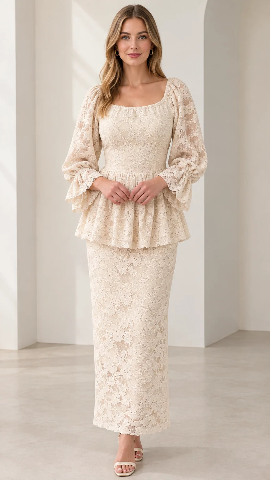 Model wearing Cream Floral Lace Square Neck Peplum Maxi Dress front view