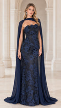 Navy Blue Strapless Floral Lace Evening Gown with Chiffon Neck Cape - Front View