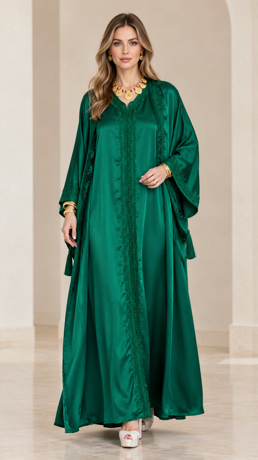 Front view of model wearing an emerald green satin embroidered kaftan maxi dress