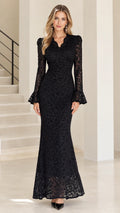 Front view of woman wearing black floral lace maxi evening gown with scalloped V-neck and bell sleeves