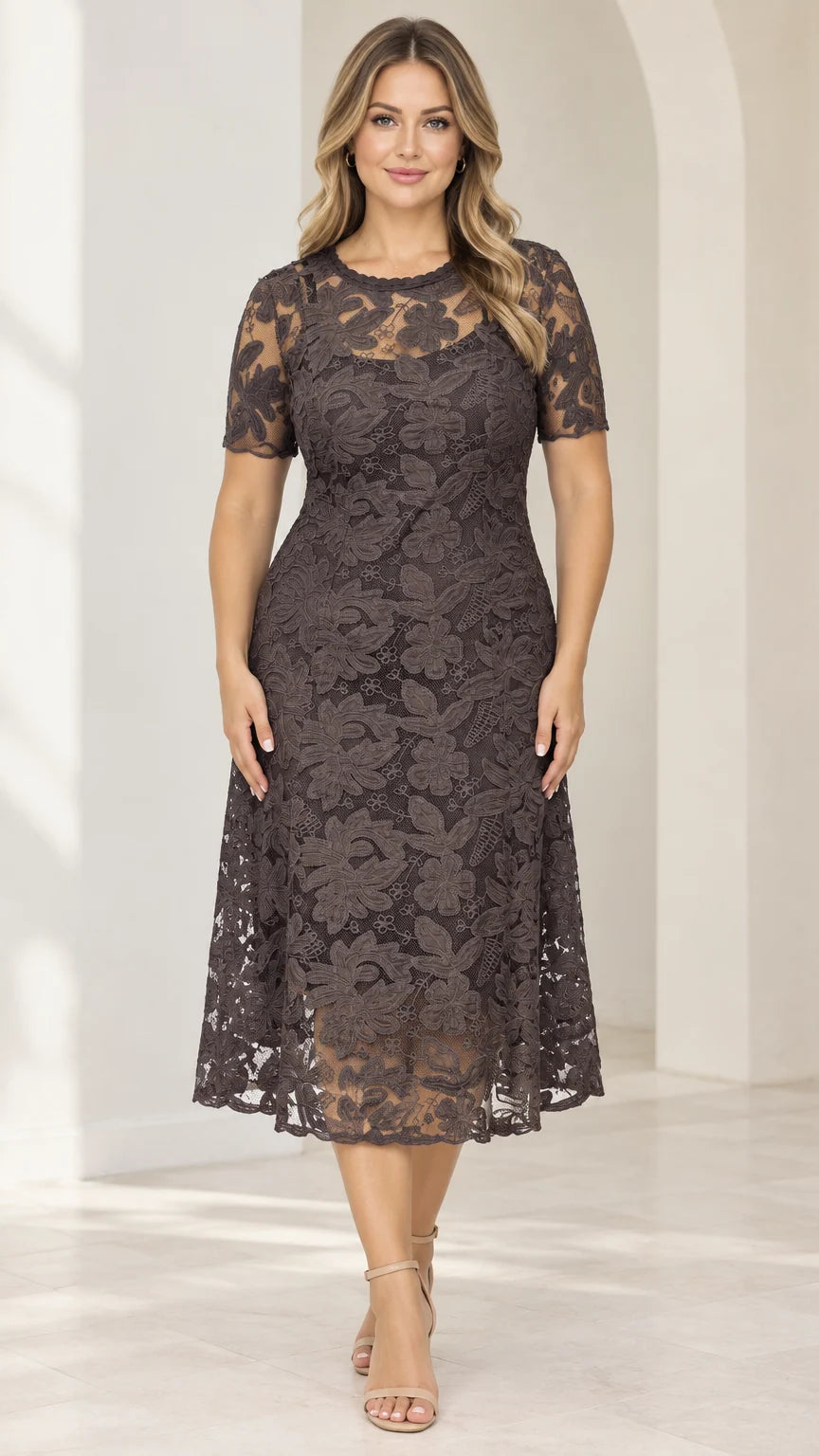 Front view of model wearing mocha brown floral lace short sleeve midi dress