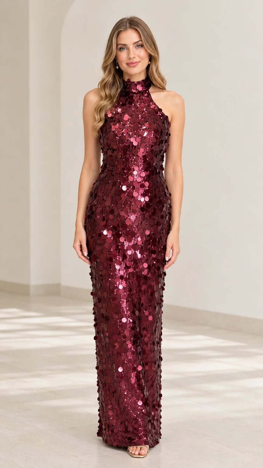 Front view of model wearing burgundy sequin high neck halter maxi gown