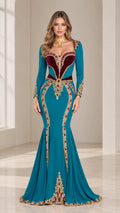 Front view of teal long sleeve mermaid evening gown with gold beadwork and burgundy velvet bodice