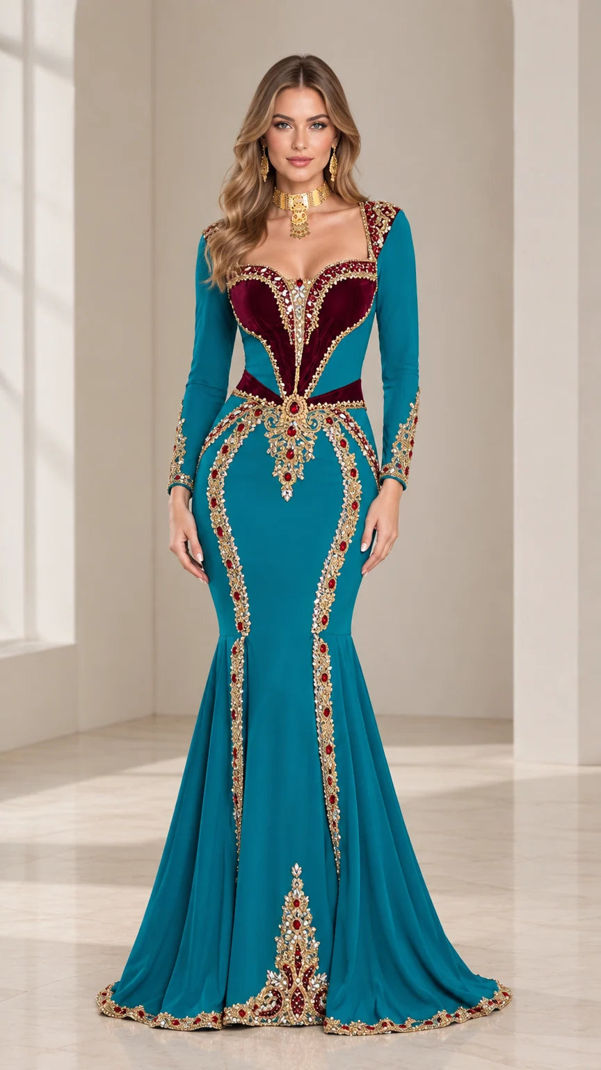 Front view of teal long sleeve mermaid evening gown with gold beadwork and burgundy velvet bodice