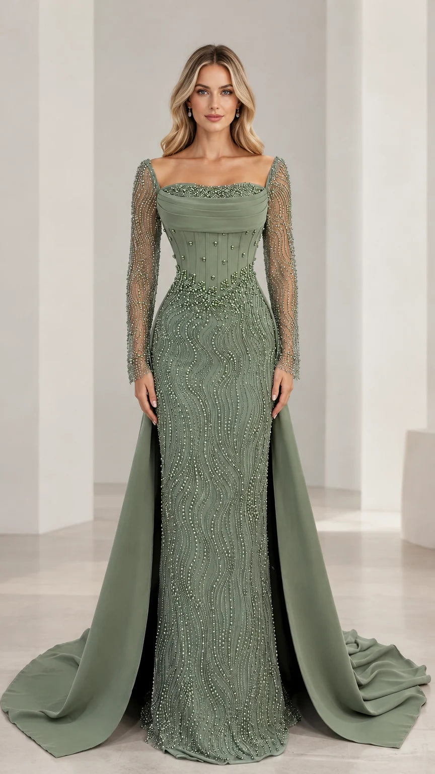 Sage green beaded evening gown with long sheer sleeves and sweeping overskirt front view