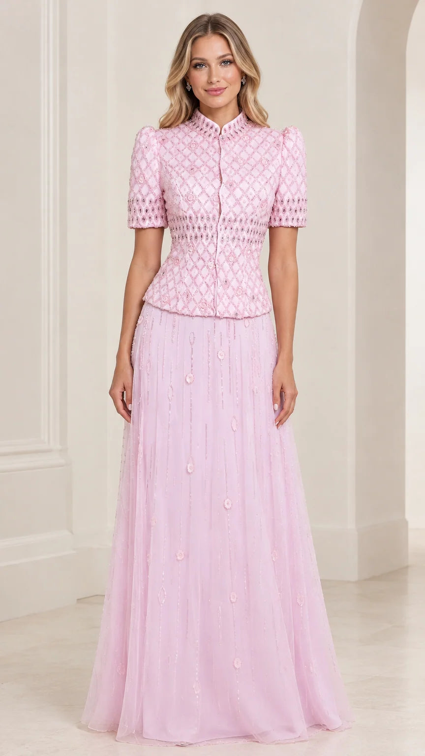 Front view of woman wearing Light Pink embroidered high neck evening gown