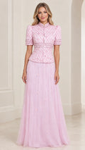 Front view of woman wearing Light Pink embroidered high neck evening gown