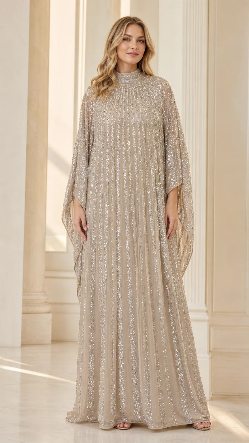Champagne sequin pleated high-neck cape kaftan maxi gown front view