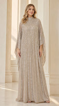 Champagne sequin pleated high-neck cape kaftan maxi gown front view