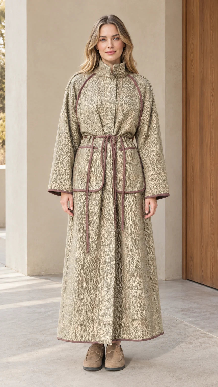 Front full-length view of woman wearing sage green herringbone piped maxi coat