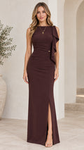 Front view of model wearing Chocolate brown sleeveless column maxi dress with shoulder ruffle and slit