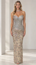 Champagne Silver strapless beaded evening gown with ruched bodice front view