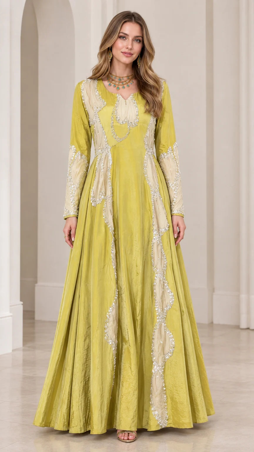Front view of model wearing chartreuse green long sleeve embroidered maxi gown