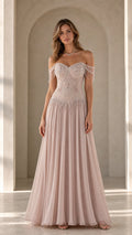 Front view of model wearing blush pink off-the-shoulder beaded chiffon evening gown