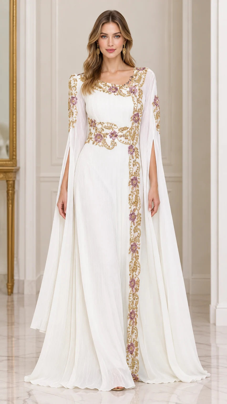 Front view of model wearing white embroidered split cape sleeve evening maxi dress