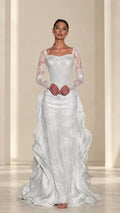 Front view of ice blue embroidered corset evening gown with lace sleeves and ruffled skirt