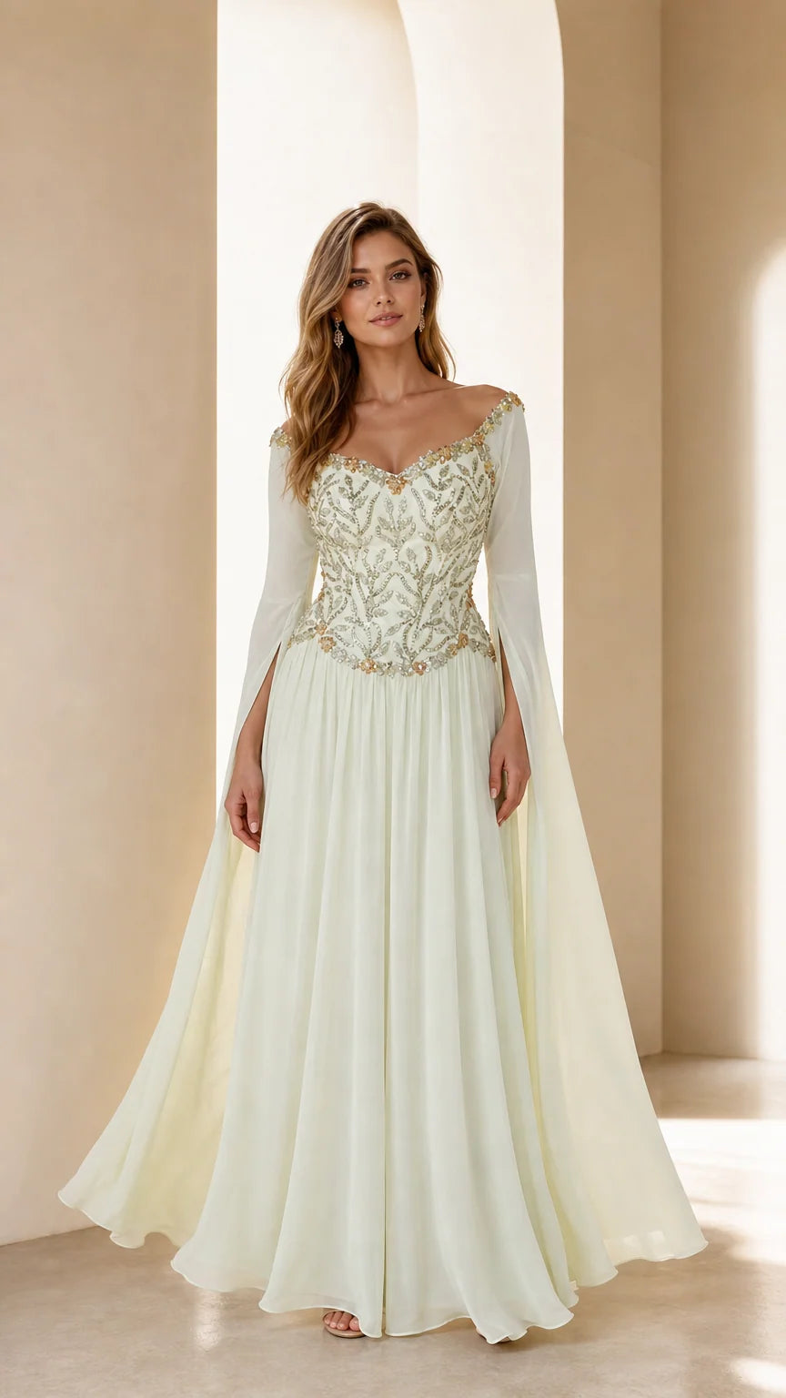 Front view of ivory embellished long sleeve evening gown