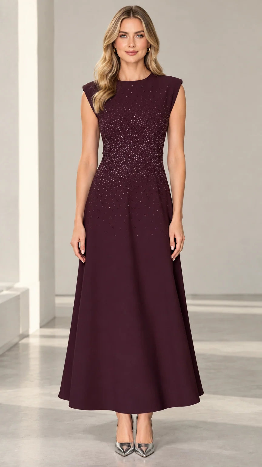 Burgundy cap sleeve rhinestone embellished A-line maxi dress front view
