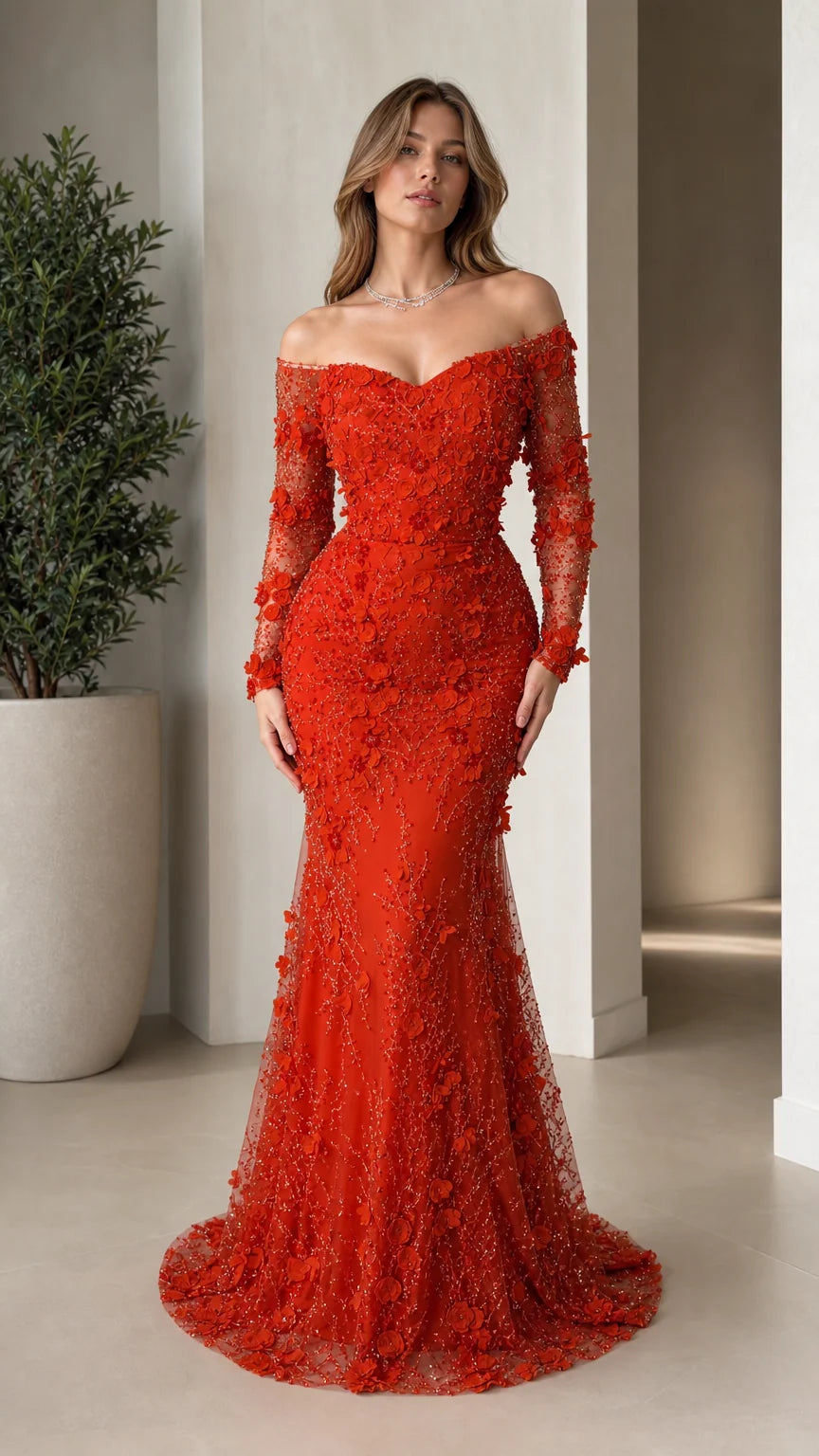 Front view of woman wearing red off-the-shoulder 3D floral beaded mermaid gown