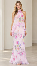 Front view of model wearing Blush Pink floral tiered halter maxi dress