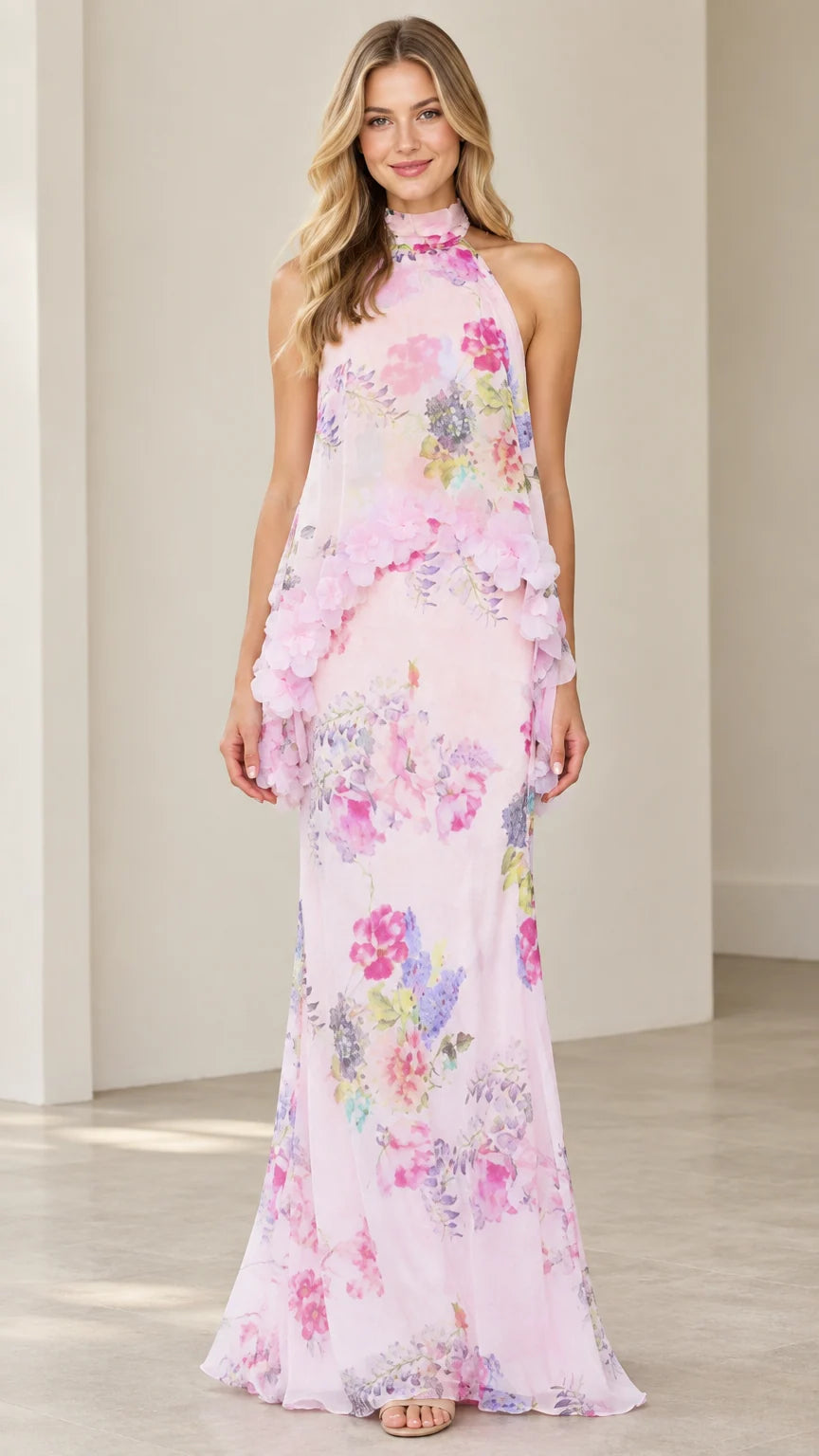 Front view of model wearing Blush Pink floral tiered halter maxi dress