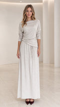 Front full view of woman wearing Heather Grey long sleeve draped maxi dress with ruched waist