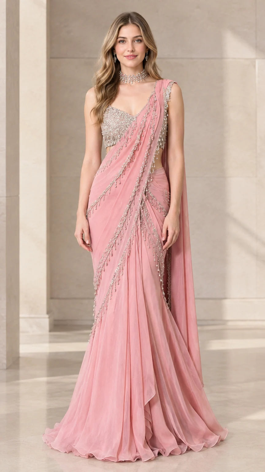Front full-length view of model wearing Blush Pink pre-draped saree gown with sequin blouse