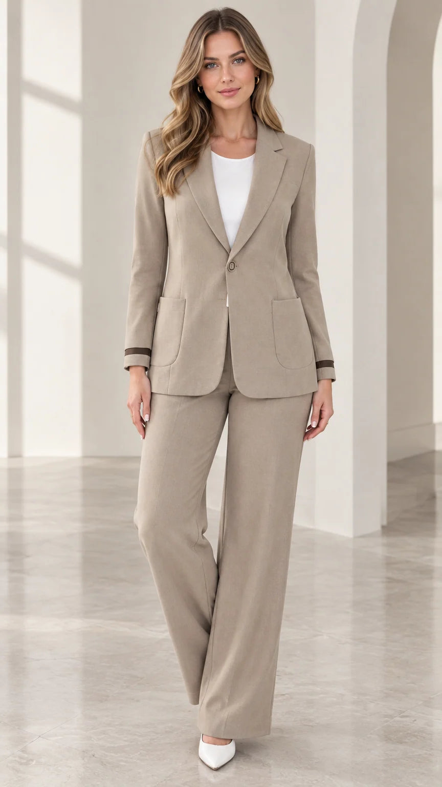 Front full-length view of woman wearing taupe tailored blazer and pant suit set